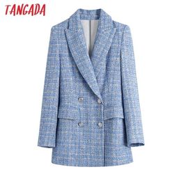 Tangada Femmes Double Boutonnage Tweed Bleu Blazers Manteau Bureau Lady Poches À Manches Longues Femelle Survêtement BE508 211122