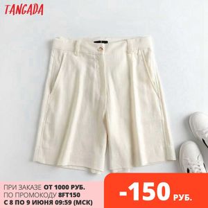 Tangada vrouwen elegante beige katoen linnen shorts hoge kwaliteit vrouw retro casual shorts pantalones 4c102 210609