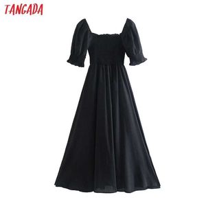 Tangada femmes élégant noir robe mi-longue bouffée à manches courtes hors épaule dames robe 8M13 210609