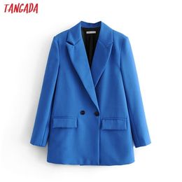 Tangada femmes élégantes bleu double boutonnage costume veste bureau designer dames blazer vêtements d'affaires hauts LJ200911