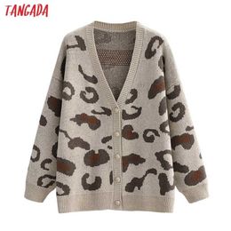 Tangada femmes élégant kaki léopard Cardigan Vintage pull dame mode surdimensionné tricoté manteau 1F295 211011