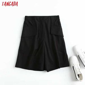 Tangada Vrouwen Elegante Solid Black Wide Pent Shorts Side Rits Zakken OL Shorts Pantalones 4C110 210609