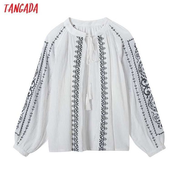 Tangada Femmes Broderie Coton Gland Kimono Veste Lâche Manches Longues Dames Vintage Manteau 6H46 210609