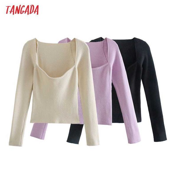 Tangada Mujeres Moda Elegante Cuello Cuadrado Suéter Jumper Jerseys Chic Tops AB26 210609