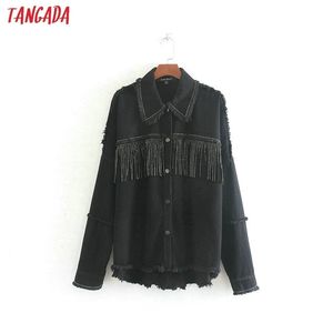 Tangada Damesmode Oversized Black Jackets Kwasten Vriend Stijl Turn Down Collar Coat Dames Streetwear Tops LJ201021