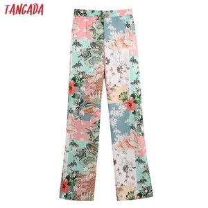 Tangada Damesmode Patchwork Floral Print Zomer Broek Vintage Hoge Elastische Taille Zakken Vrouwelijke Broek Mujer Be83 210609