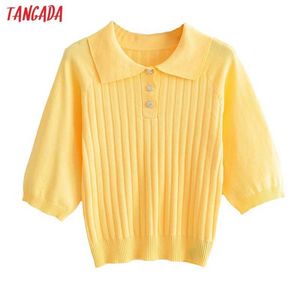 Tangada vrouwen mode effen geel gebreide trui vintage korte mouw vrouwelijke truien chique tops AI61 210609