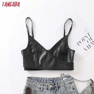 Tangada Frauen Kunstleder Bralette Camis Crop Top Zurück Reißverschluss Ärmellos Rückenfrei Kurze Hemden Weiblich Lässig Feste Tops AM17 210609