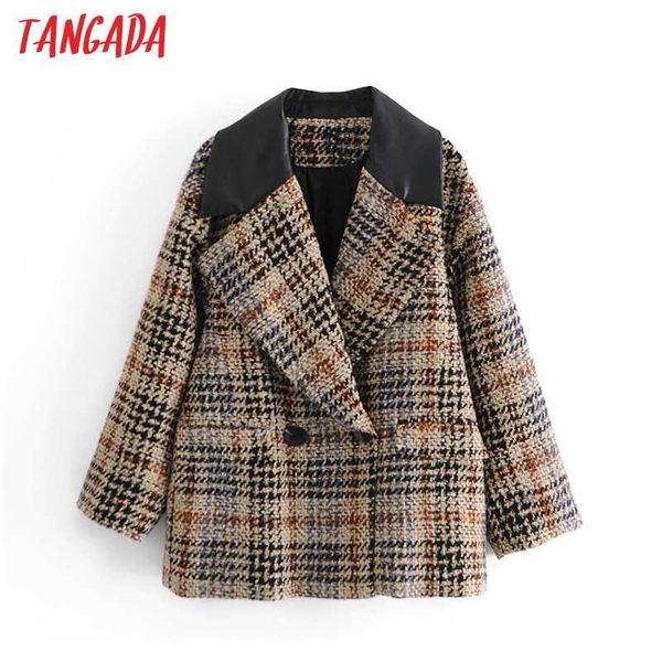 Tangada Femmes Faux Col En Cuir Patchwork Tweed Blazer Manteau Vintage Double Boutonnage À Manches Longues Femme Survêtement Chic Tops 3H9 210609