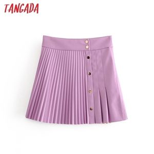 Tangada Dames Faux Lederen Geplooid Rokken Faldas Mujer Knoppen Vrouwelijke Paars Elgant Mini Rok QN52 210621