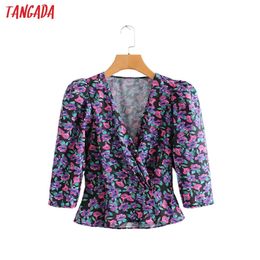 Tangada femmes style français chemisier imprimé floral manches trois-quarts chic femme stretch taille chemise blusas femininas LJ200811