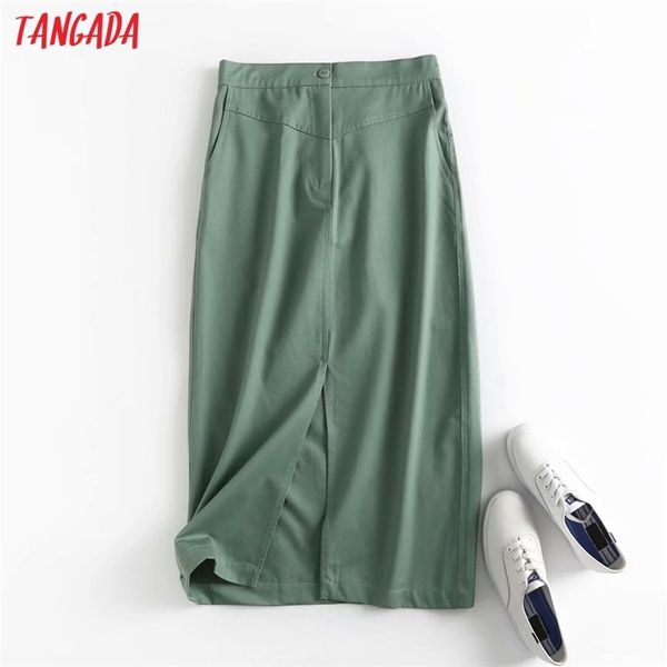 Tangada femmes vert coton jupe mi-longue Faldas Mujer Vintage fermeture éclair bureau dames élégant Chic mi-mollet jupes 4C99 210629