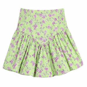 Tangada femmes vert plissé imprimé fleuri Mini jupe Vintage taille haute dos fermeture éclair femme jupes BE521 220611