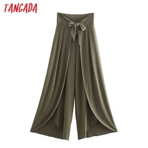 Tangada Femmes Vert Jambe Large Pantalon Lâche Pantalon Arc Vintage Style Lady Pantalon Pantalon 4N17 210609