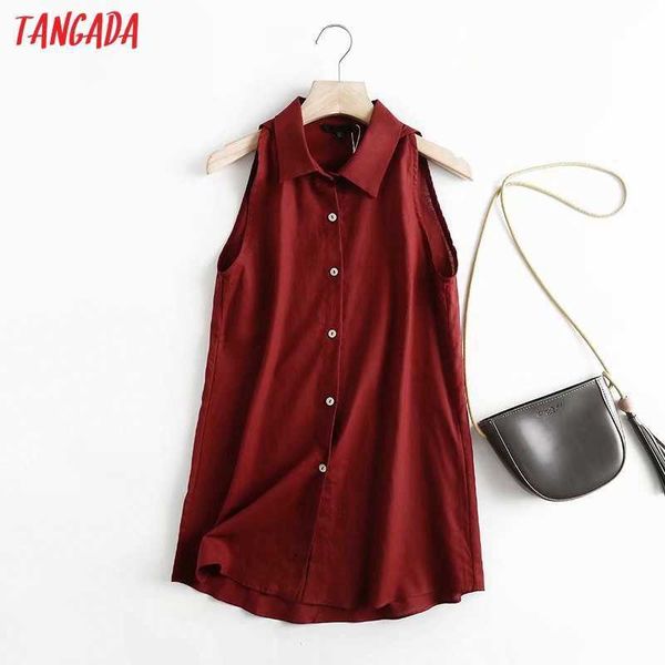 Tangada Femmes Haute Qualité Rétro Rouge Coton Lin Chemise D'été Blouse Sans Manches Chic Femelle Tops 4C122 210609