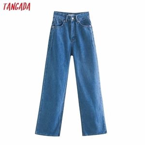 Tangada Dames Hoge Taille Overgave Jeans Broek Broek Zakken Zipper Vrouwelijke Wide Been Denim 4M520 210809
