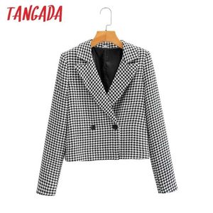 Tangada Femmes Houndstooth Tweed Blazer Manteau Style Court Double Boutonnage À Manches Longues Femelle Survêtement Chic Tops SY35 211122