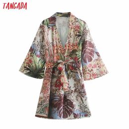 Tangada Mujeres Hojas Impresión Thin Kimono Abrigos Mangas largas sueltas con Slash Ladies Summer Coat 5Z146 210609