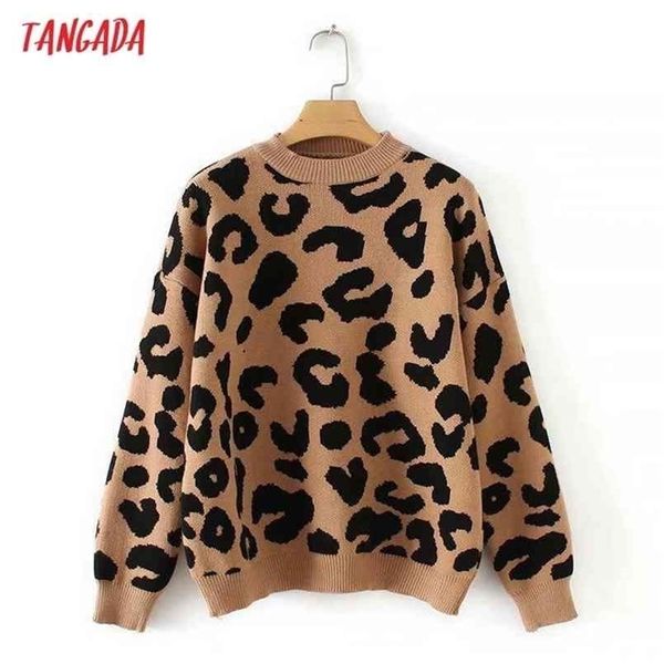 Tangada Mujeres Leopardo Suéter de punto Invierno Animal Print Grueso Manga larga Jerseys femeninos Tops casuales 2x05 210914