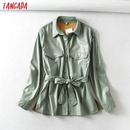Tangada femmes vert clair faux cuir veste manteau avec ceinture dames à manches longues lâche surdimensionné petit ami manteau 6A125 201120