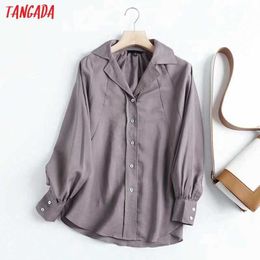Tangada vrouwen licht paars 100% linnen shirt blouse lange mouw chique vrouwelijke casual losse shirt blusas femininas 4c109 210609