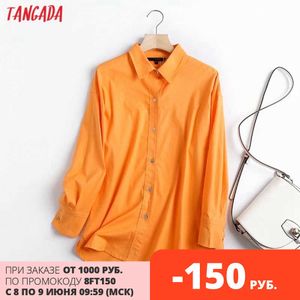 Tangada femmes orange coton lin surdimensionné long chemise chemisier chic femelle chemise lâche décontractée blusas fémininas 4c113 210609