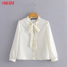 Tangada femmes perle bouton chemises blanches à manches longues solide nœud col élégant bureau dames vêtements de travail Blouses YI23 210609