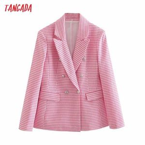 Tangada Dames Roze Plaid Tweed Blazer Jas Vintage Double Breasted Pocket Mode Vrouwelijke Casual Chic Tops 4M194 210609