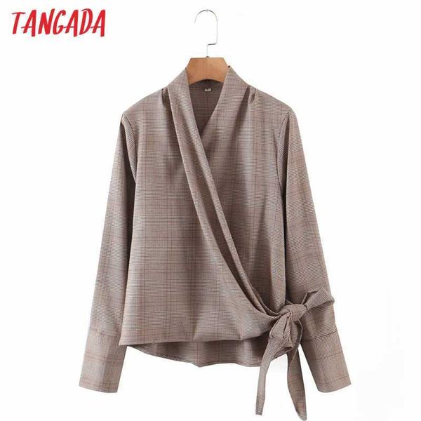 Tangada femmes motif à carreaux chemises épaisses nœud à manches longues boutons de perles élégant bureau dames Blouses QD02 210609