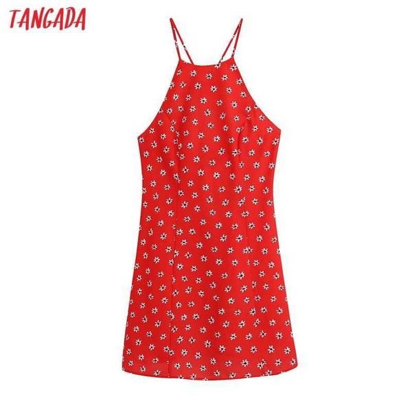 Tangada Femmes Rouge Floral Imprimer Halter Robe Vintage Dos Nu Zipper Croix Fines Bretelles Femelle Robes Courtes Mujer BE933 210609