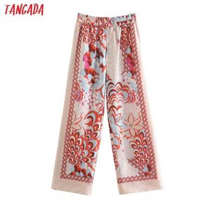 Tangada vrouwen rode bloemenprint wijd been lange broek broek vintage stijl strethy taille dame broek pantalon 5Z134 210609