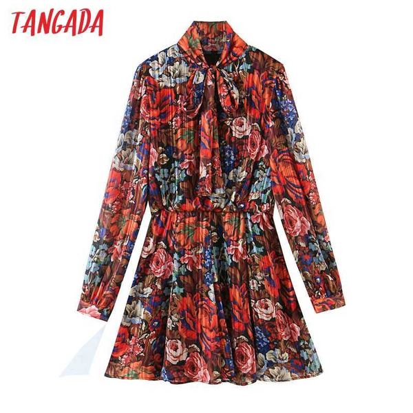 Tangada Mujeres Red Flores Imprimir Golden Aweln Camisa Vestido Bow Cuello de Arco Manga Larga Oficina Mini Dress SL166 210609