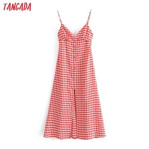 Tangada Femmes Rouge Plaid Longue Robe Sangle Ajuster Dos Nu Sans Manches 202 Mode Dame Robes De Plage Robe QN89 210609