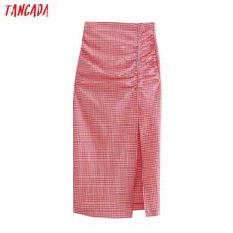 Tangada Dames Rood Plaid Midi Rok Faldas Mujer Vintage Rits Kantoor Dames Elegant Chic Mid Calf Rokken 3H566 210609