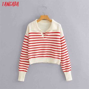 Tangada Dames Rood Gestreepte Crop Sweater Jumper Turn Down Collar Elegant Oversize Pullovers Chic Tops BC69 210914