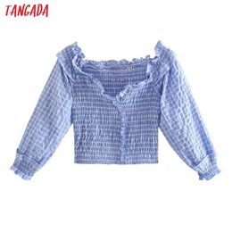 Tangada Dames Retro Blue Palid Plooited Off Shoulder Blouse Shirt Bladerdeeg Lange mouw Chique Vrouwelijke Shirt Tops 3H454 210609
