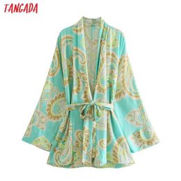 Tangada Femmes Rétro Fleurs Imprimer Kimono surdimensionné avec Slash Manches longues Chic Femme Chemisier Chemise Tops 5Z131 210609