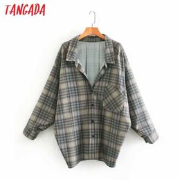 Tangada Vrouwen Retro Oversized Plaid Print Blouse Pocket Lange Mouw Chic Vrouwelijke Casual Losse Shirt Blusas XN154 210609
