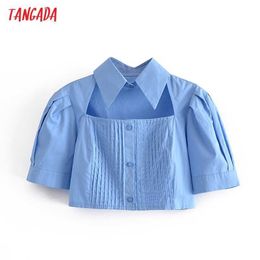 Tangada Femmes Retro Plissionné Coton Crop Shirt Summer Blouse creux Sans manches courtes Chic Tops 3W151 210609
