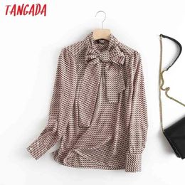 Tangada mujeres retro impresión pajarita camisa blusa manga larga chic hembra alta calidad elegante oficina camisa blusas femininas 6D71 210410