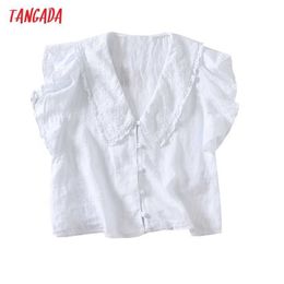 Tangada Femmes Retro Coton Blanc Déclaration Collier Chemise à manches courtes Chêne Chemise Short Blouse Chemise 6H101 210609