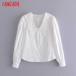 Tangada Donna Retro White Statement Camicia con colletto a maniche lunghe Camicetta femminile chic Camicetta Top QN55 210609