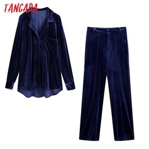 Tangada dames sets lente mode fluwelen shirt losse broek pak 2 stuk set vrouwelijke elegante oversized shirt broek sets Be206 210609