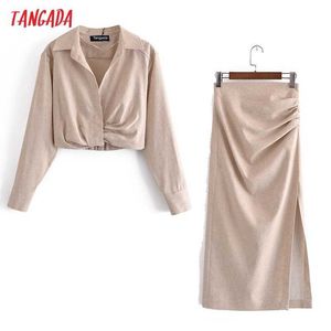 Tangada Dames Trainingspak twee stuk Set Solid Crop Shirt en Rok Mode Vrouwelijke Casual Femme Kleding 3H312 210609