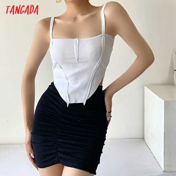 Tangada Femmes Sexy Blanc Camis Crop Top Spaghetti Strap Sans Manches Dos Nu Blouses Courtes Chemises Femme Casual Solid Tops 2B13 210609