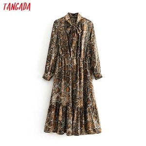 Tangada vrouwen slang print midi jurk lange mouwen herfst winter vintage strikje dame vrouwelijke jurk vestidos lj200818