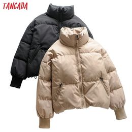 Tangada Dames Solid Khaki Oversize Parkas Dikke Winter Rits Zakken Vrouwelijke Warm Elegante Jasjack 6A120 210819