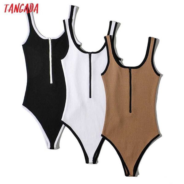 Tangada Mujeres Sólido Cremallera Blanco Punto Playsuits Big Strethy Sin mangas Mamelucos Damas Chic Monos LK16 210609