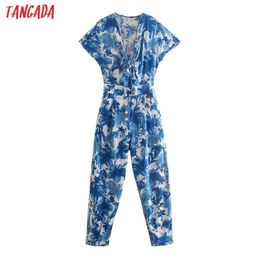 Tangada vrouwen zomer blauwe bloemen print lange jumpsuit korte mouw boog vrouwelijke casual jumpsuit 5Z139 210609