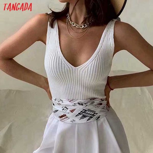 Tangada mujeres verano blanco profundo cuello en V camiseta sin mangas sin espalda mujer Sexy Knit Tops 2LK7 210609